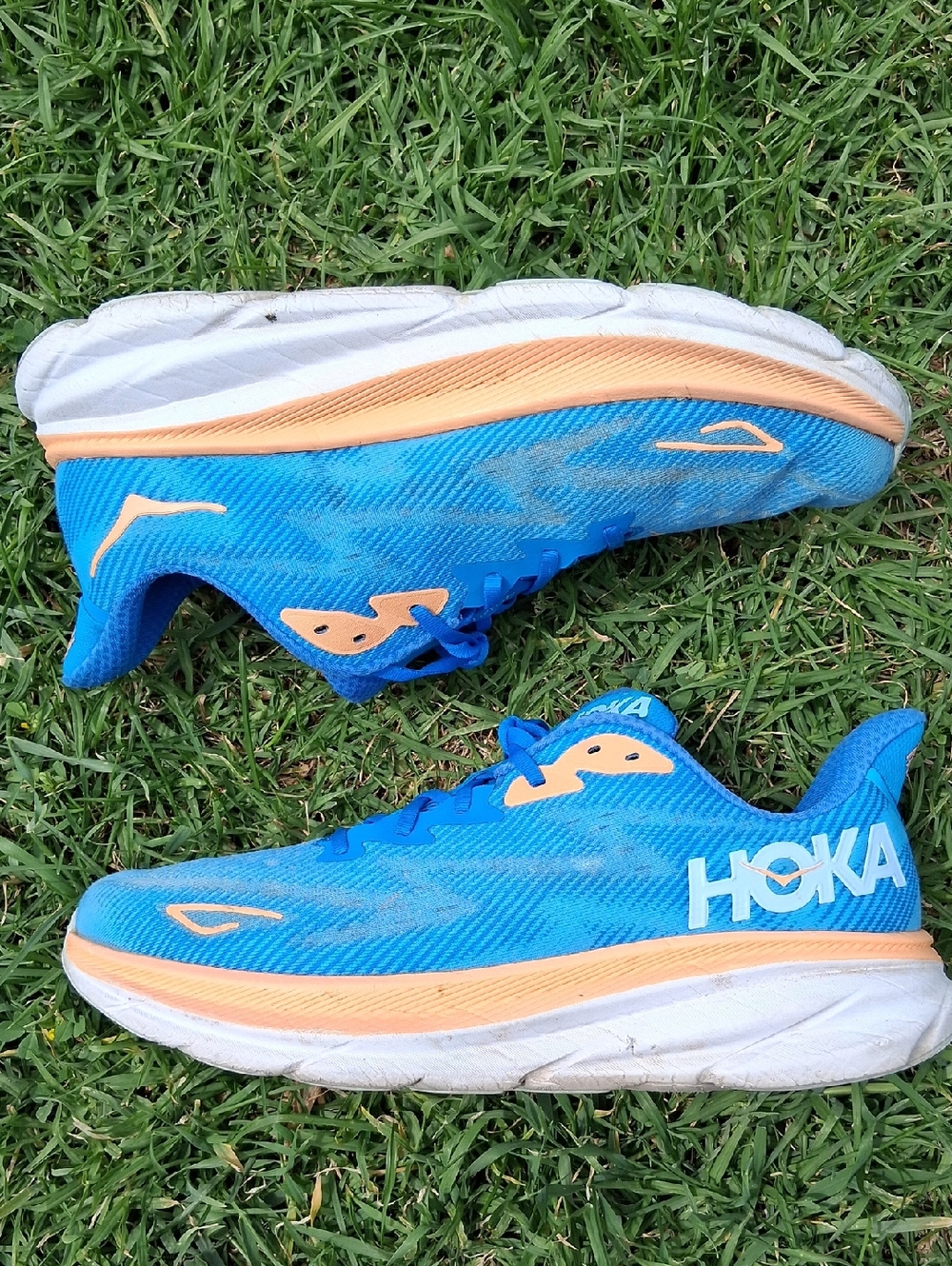 Hoka Clifton 9 Sneakers in Blue and Orange - Picture 2 of 13